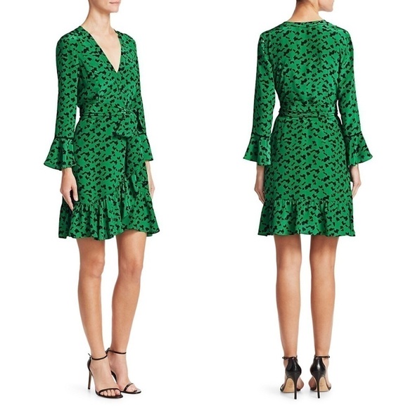 TANYA TAYLOR Wrap Dress Green Silk Leopard Print Ruffle Trim 3/4 Long Sleeves 4 - Picture 5 of 12